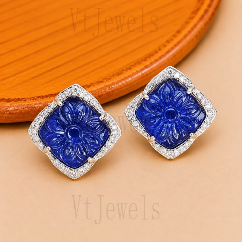 925 Sterling Silver Blue Carved Gemstone Stud Earring