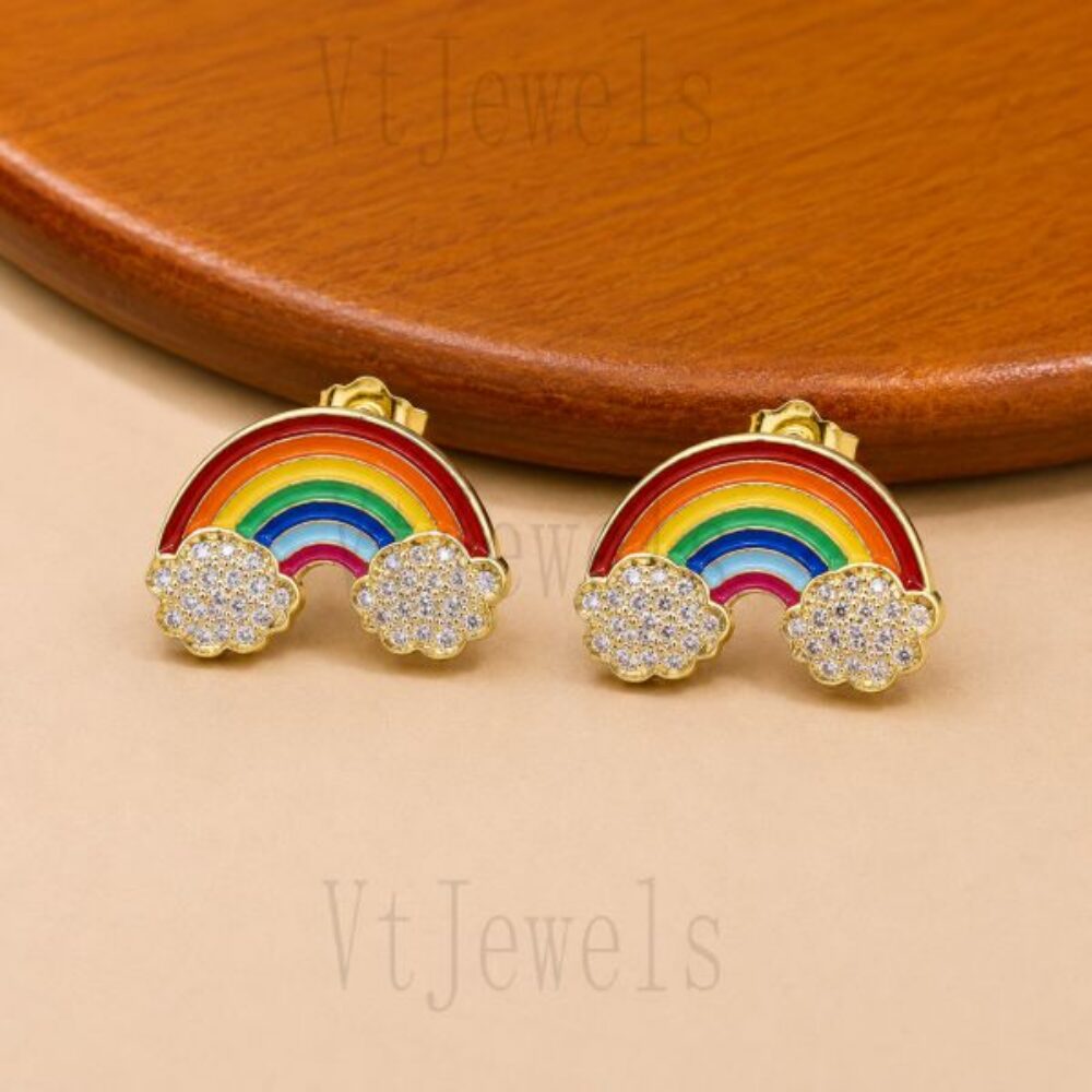 Enamel Rainbow & Cloud 925 Sterling Silver Stud Earrings