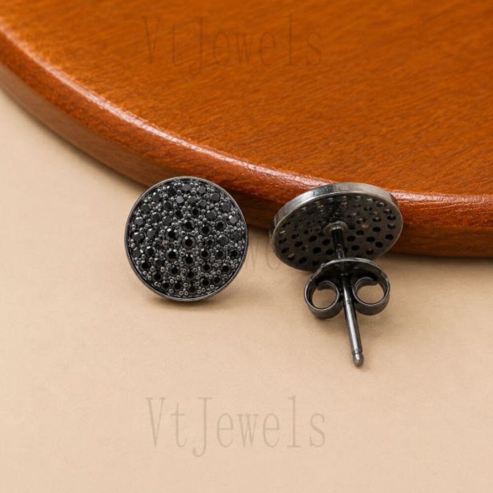 Black Diamond Pave Round Disc 925 Sterling Silver Stud Earrings