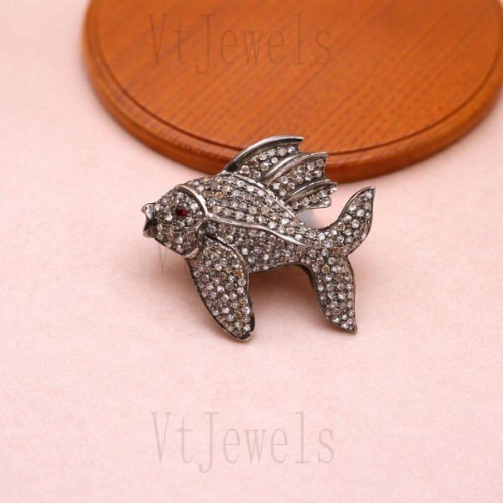 925 Sterling Silver Oxidized Pave diamond Fish Brooch Finding
