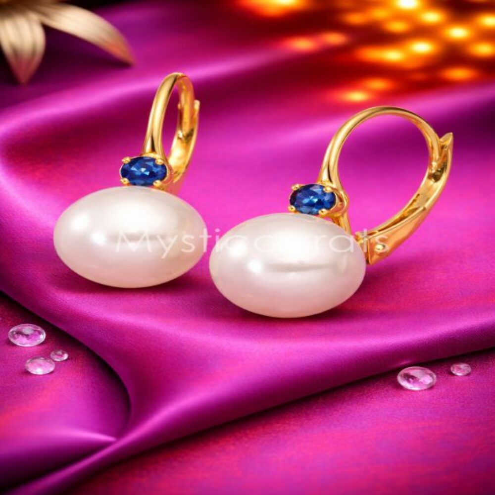 925 Sterling Silver Pearl & Blue Sapphire Drop Earrings in Gold Finish