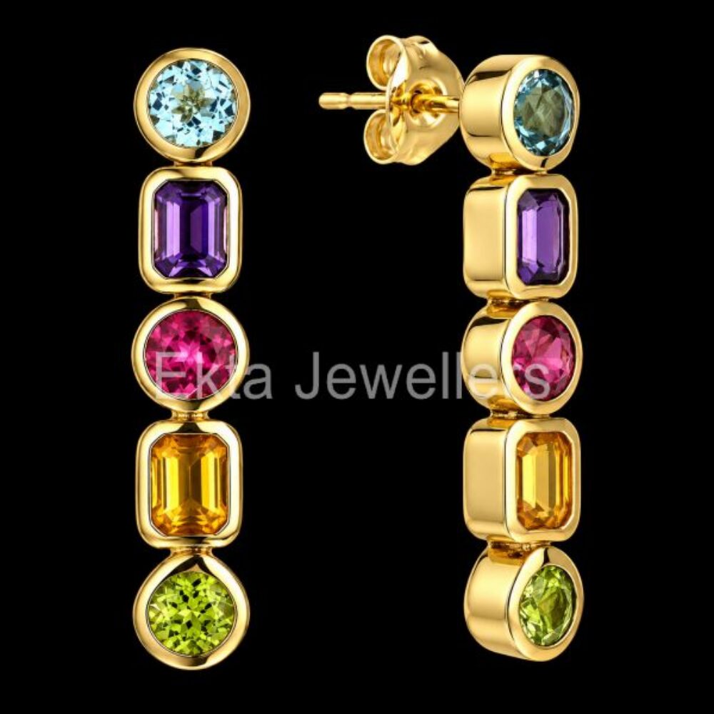 925 Sterling Silver Multi Gemstone Drop Earrings