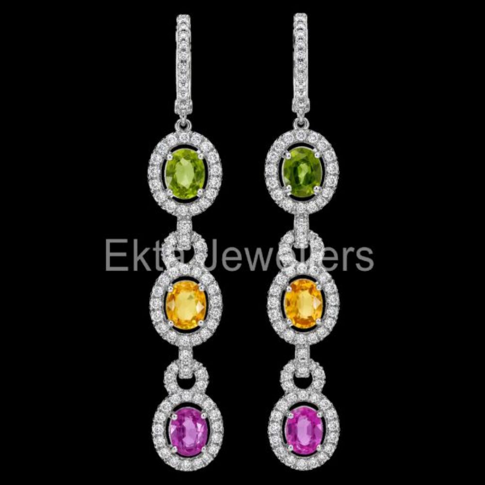 925 Sterling Silver Multi Gemstone Halo Dangle Earrings