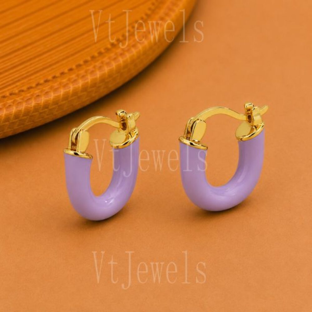 925 Sterling Silver Lavender Enamel Hoop Earrings