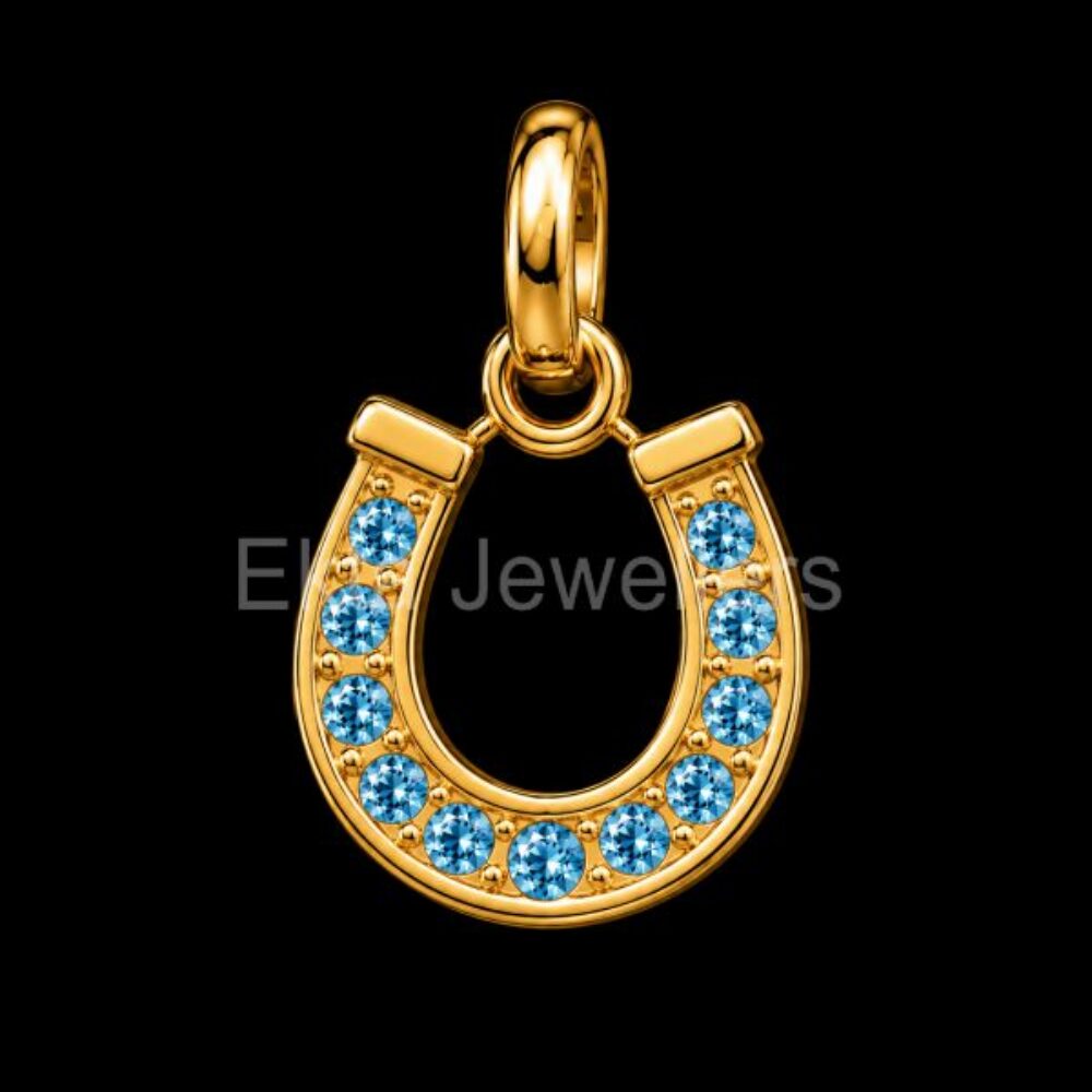 925 Sterling Silver Gold-Plated Blue Topaz Horseshoe Pendant