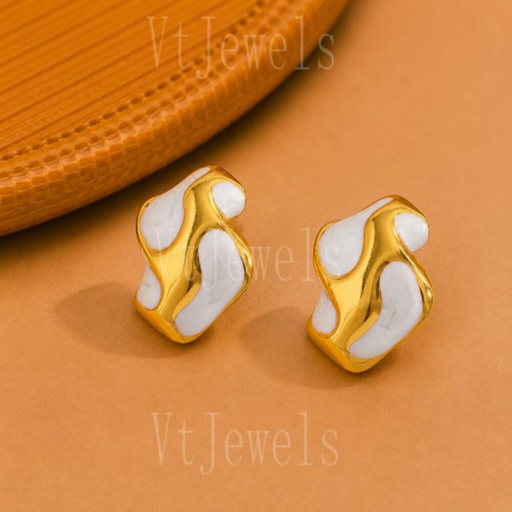 925 Sterling Silver White Enamel Gold Earrings