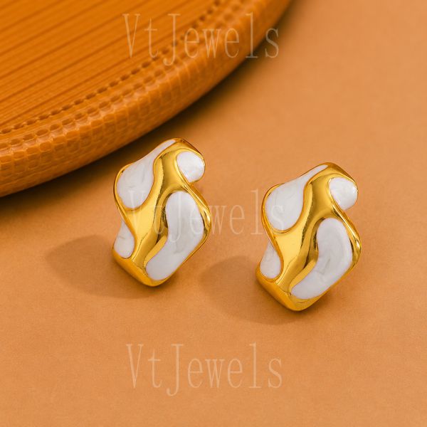 925 Sterling Silver White Enamel Gold Earrings