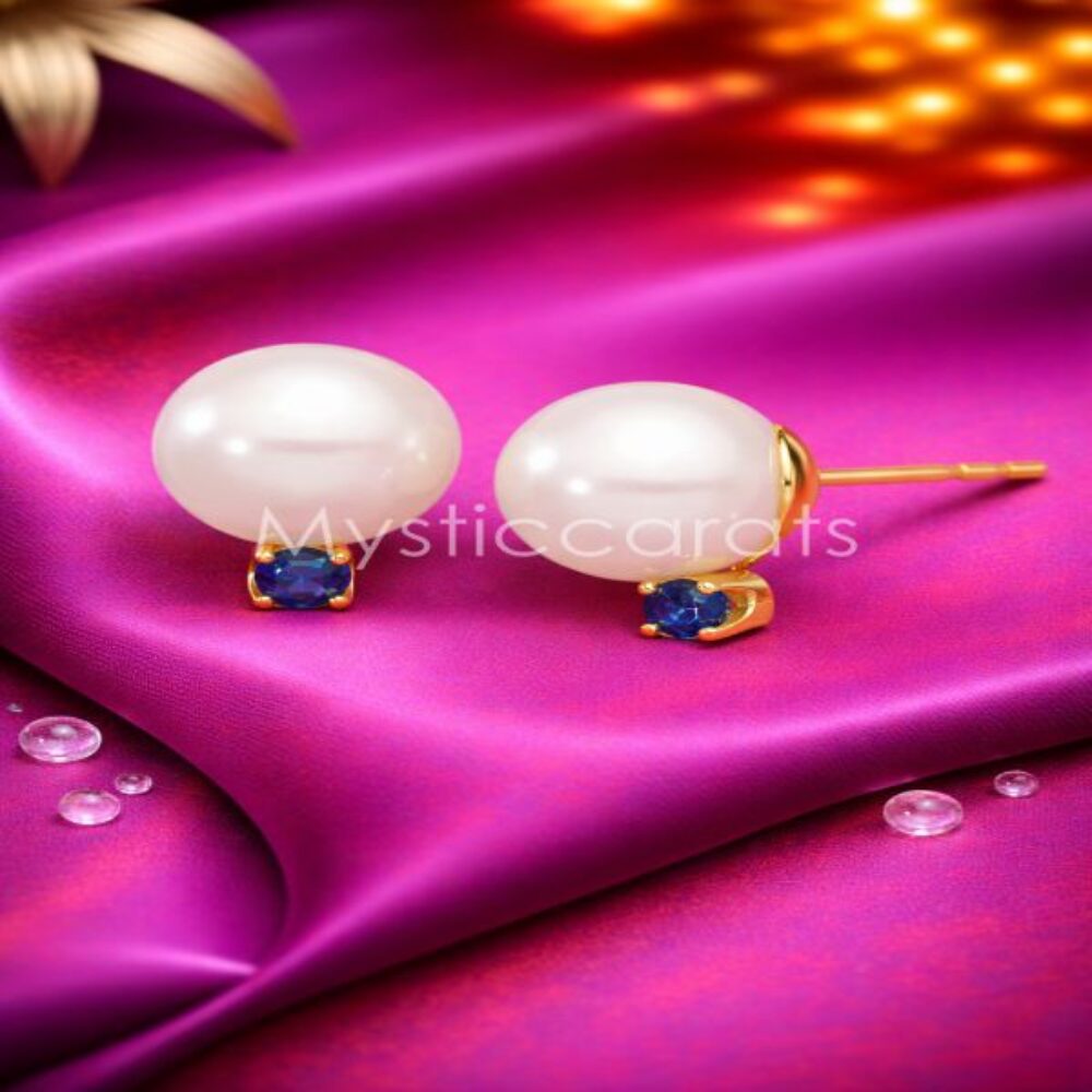 Sterling Silver Pearl and Blue Sapphire Stud Earrings