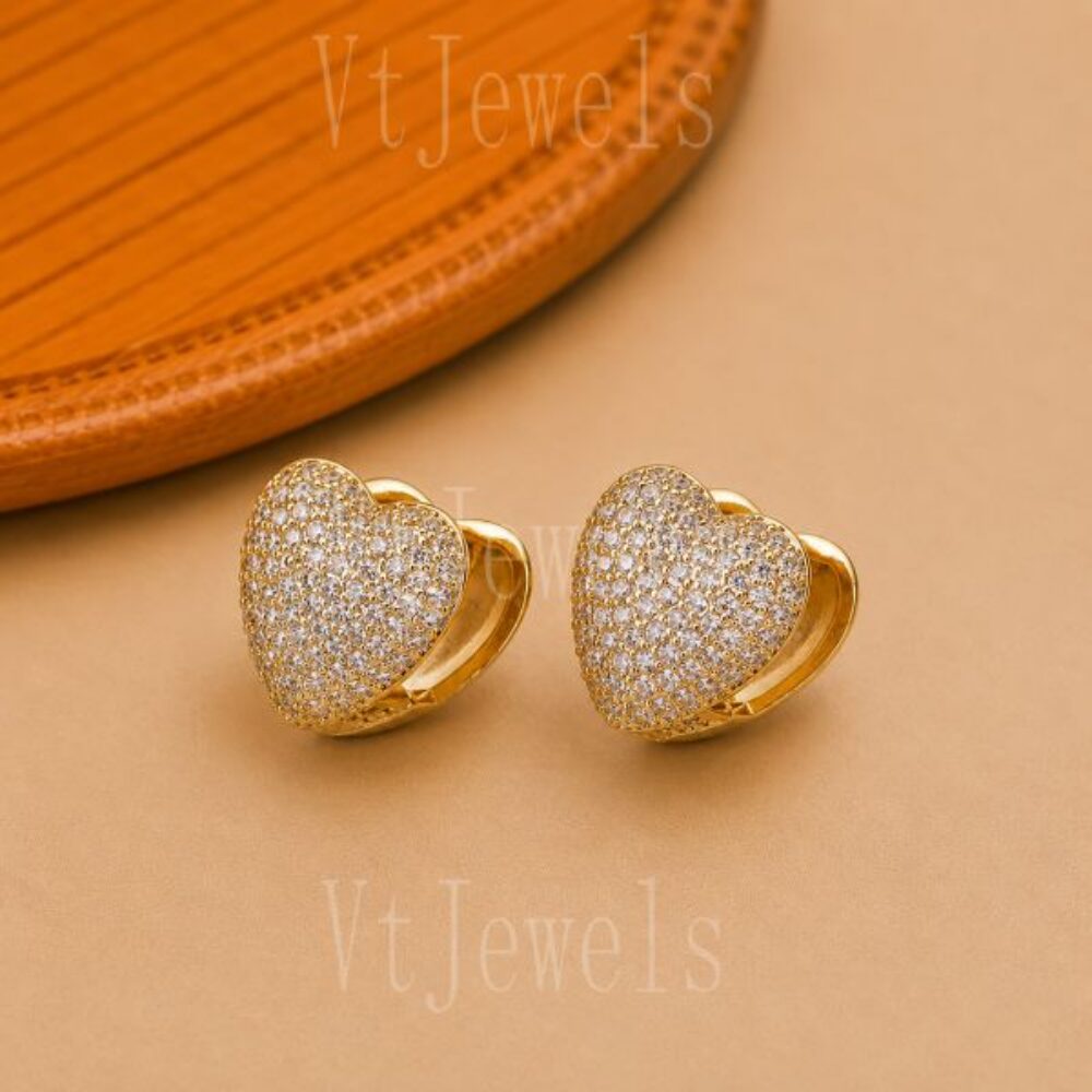 925 Sterling Silver Pavé diamond Heart Huggie Earrings