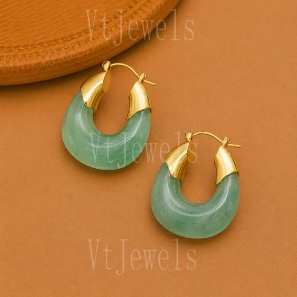 925 Sterling Silver Green Jade Hoop Earrings