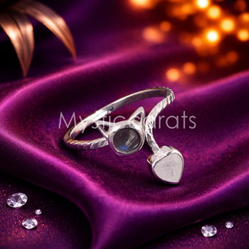 925 Sterling Silver Cat & Heart Open Bypass Ring