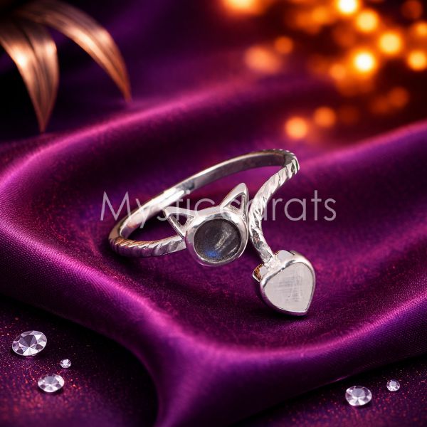 925 Sterling Silver Cat & Heart Open Bypass Ring