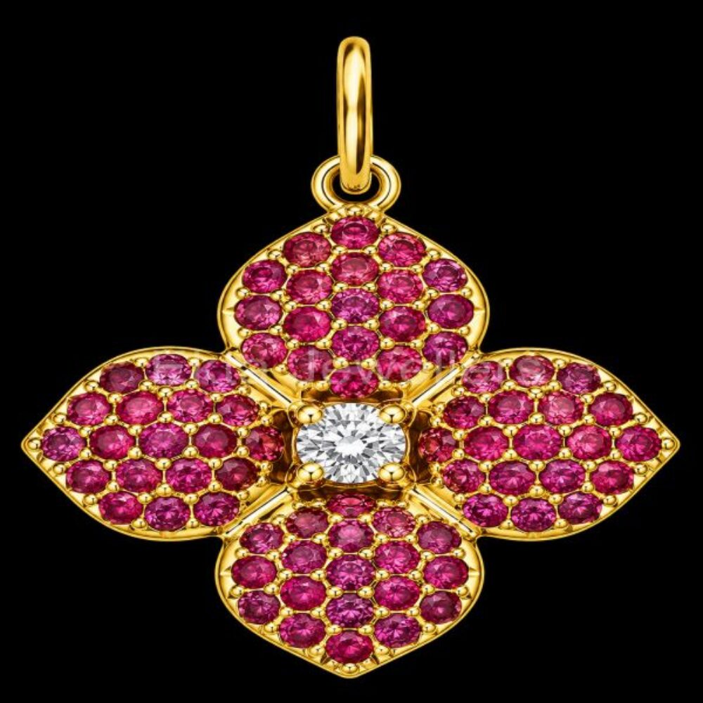 925 Sterling Silver Flower Pendant, Gold Plated Ruby Floral Charm