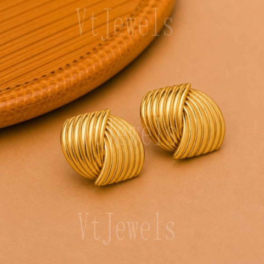 925 Sterling Silver Gold Ribbed Statement Stud Earrings