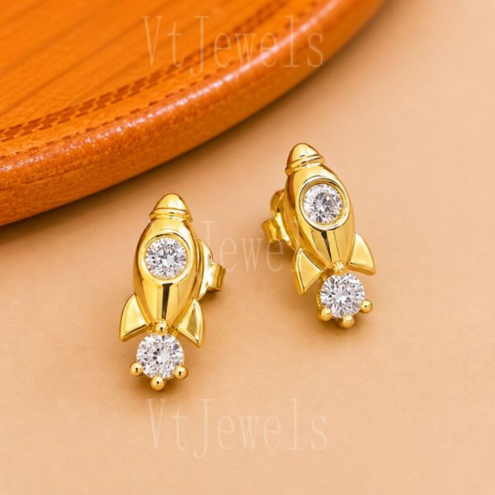 925 Sterling Silver Gold Rocket Stud Earrings