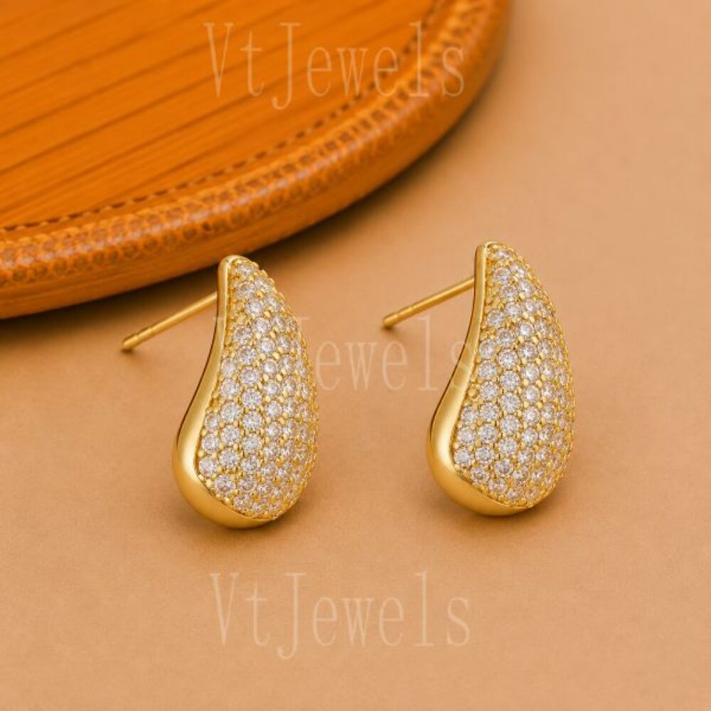 925 Sterling Silver Gold Pavé diamond Teardrop Stud Earrings