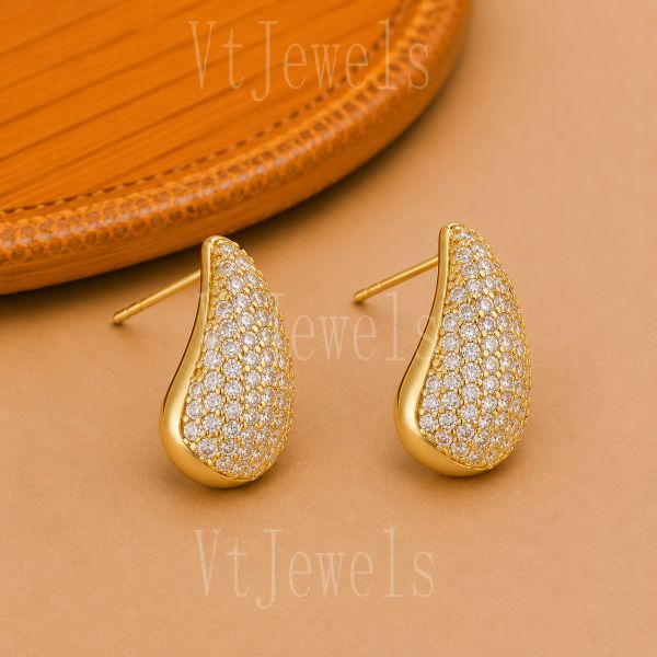 925 Sterling Silver Gold Pavé diamond Teardrop Stud Earrings