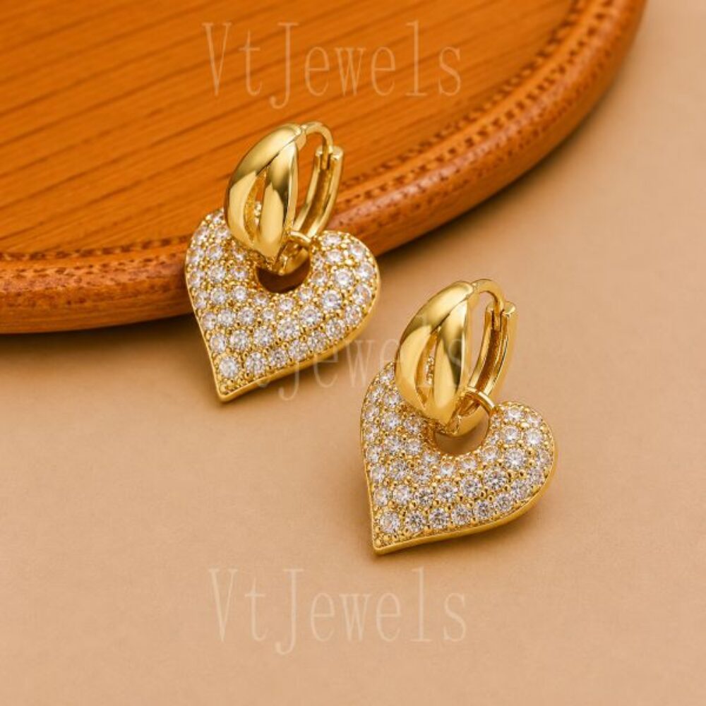 925 Sterling Silver Gold Pavé diamond Heart Drop Earrings