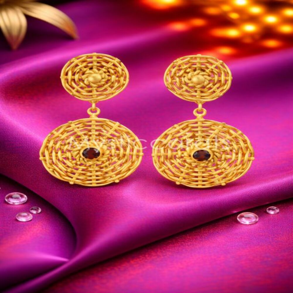 925 Sterling Silver Filigree Disc Drop Earrings with Garnet Accents in Gold Finish