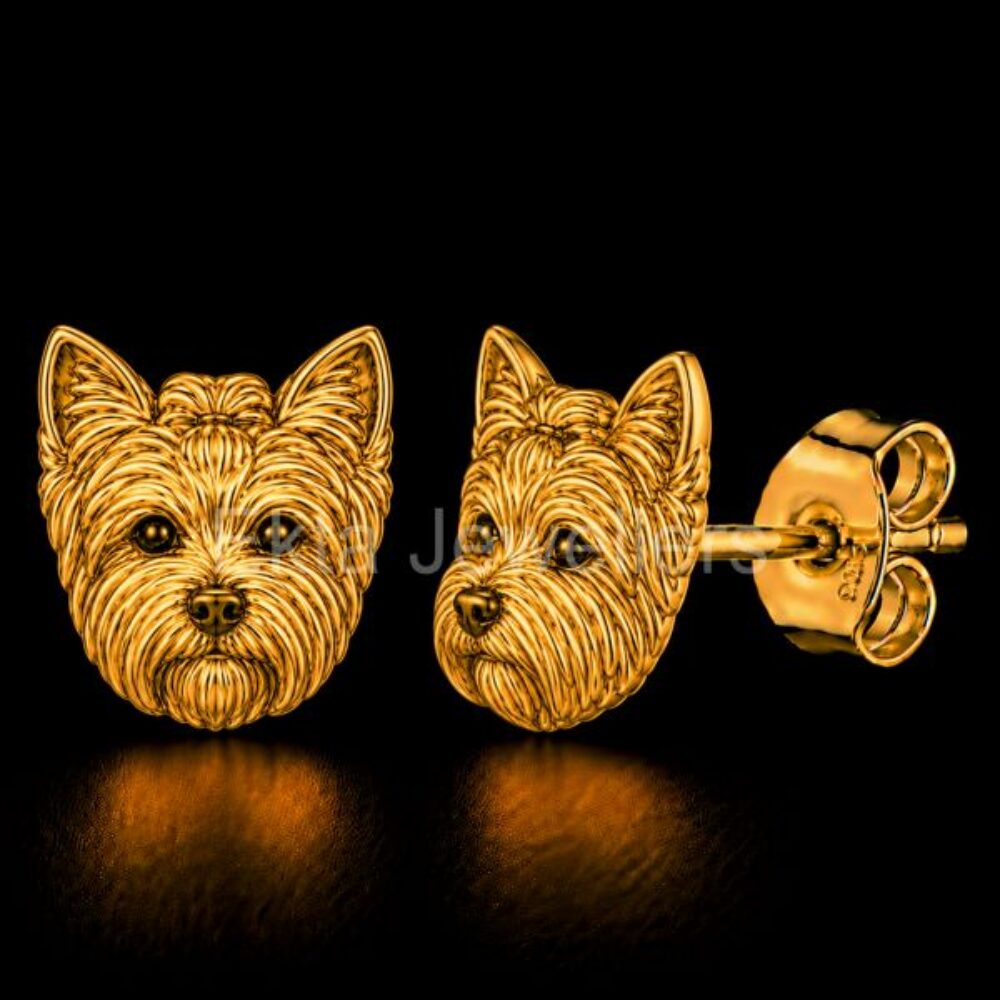 925 Sterling Silver Gold-Plated Yorkie Dog Stud Earrings