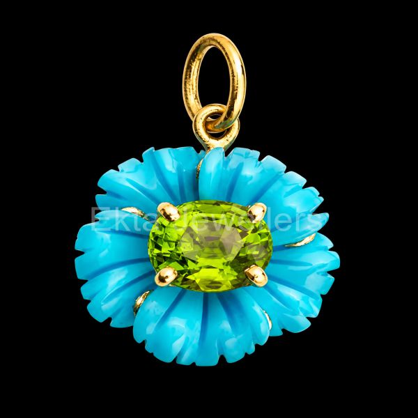925 Sterling Silver Carved Turquoise Flower Pendant