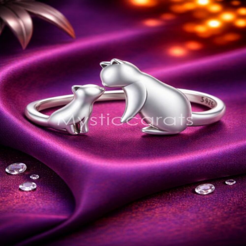925 Sterling Silver Mother & Kitten Open Wrap Ring