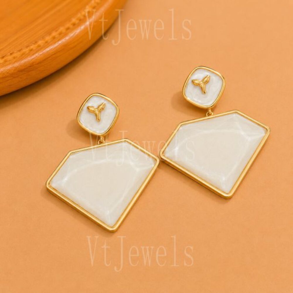925 Sterling Silver White Enamel Geometric Dangle Earrings