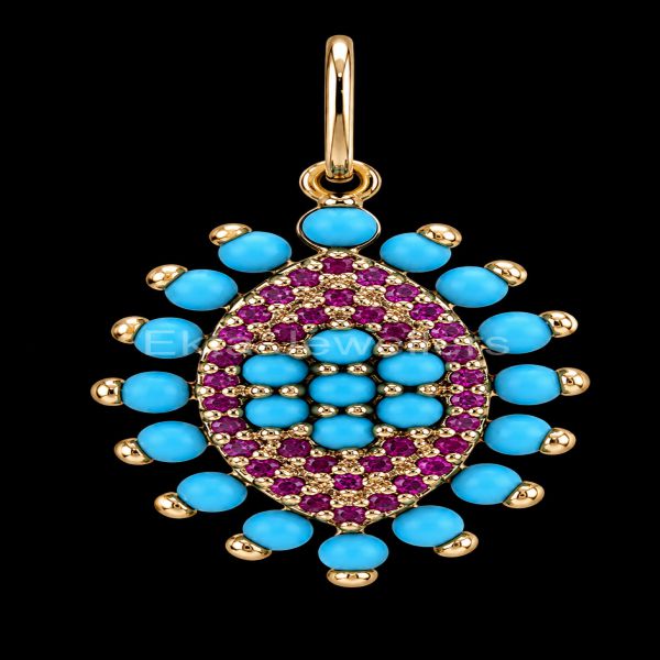 925 Sterling Silver Evil Eye Turquoise and Ruby Charm