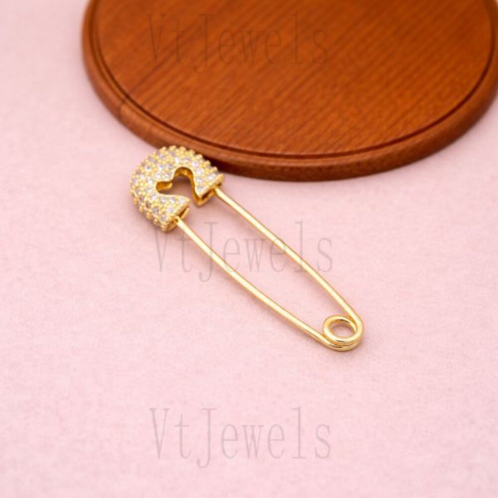 925 Sterling Silver Gold Plated Pave diamond Heart Safety Pin Finding