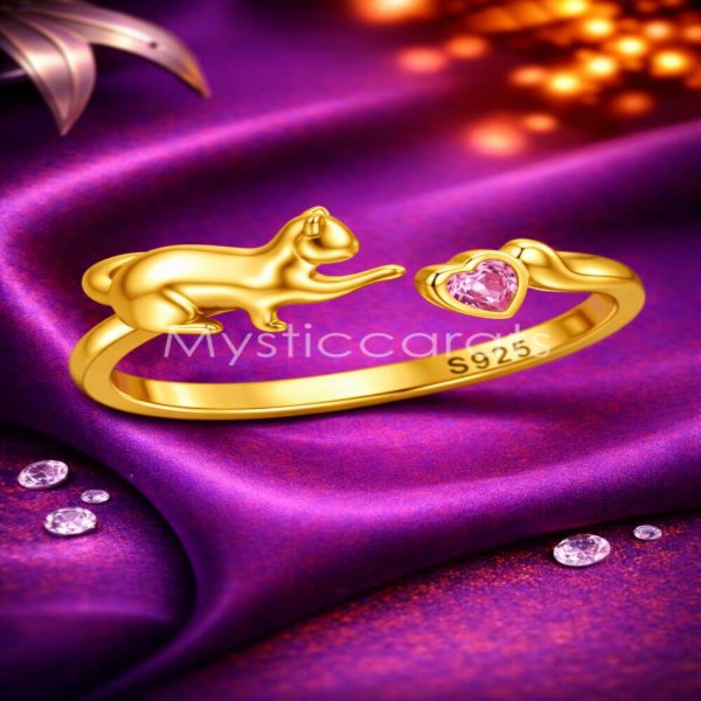 Gold-Plated 925 Sterling Silver Playful Cat & Pink Heart Open Ring