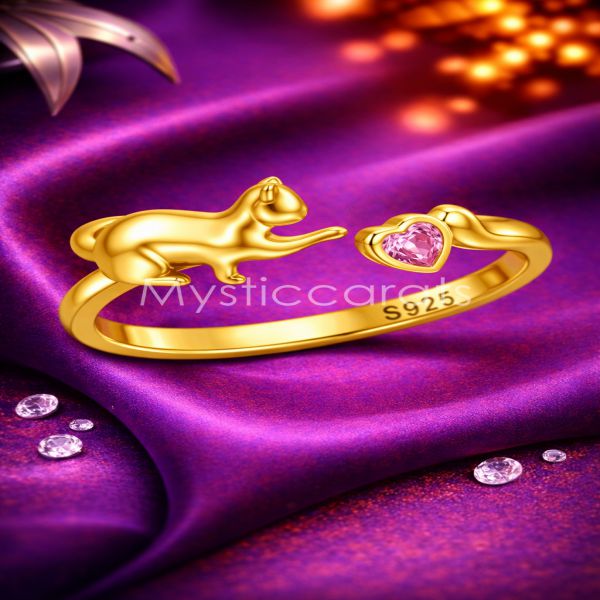 Gold-Plated 925 Sterling Silver Playful Cat & Pink Heart Open Ring