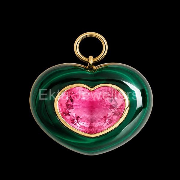 Gold Plated Green Enamel and Pink Gemstone Heart Pendant