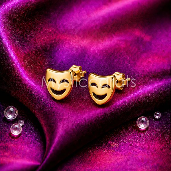 925 Sterling Silver Gold Plated Comedy Mask Stud Earrings