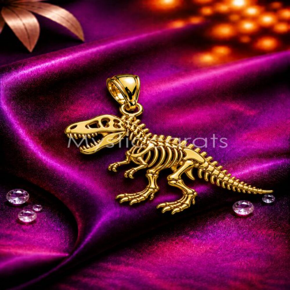 925 Sterling Silver T-Rex Skeleton Pendant, Gold Plated Dinosaur Fossil Charm