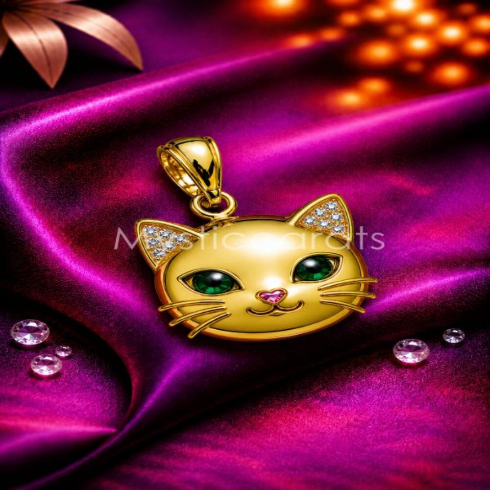 925 Sterling Silver Cat Face Pendant, Gold Plated Kitty Charm with Green Eyes