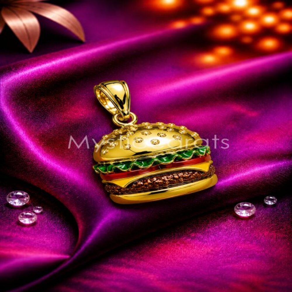 925 Sterling Silver Hamburger Pendant, Gold Plated Cheeseburger Foodie Charm
