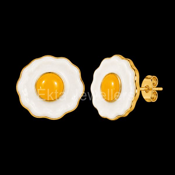 Fried Egg 925 Sterling Silver Enamel Stud Earrings