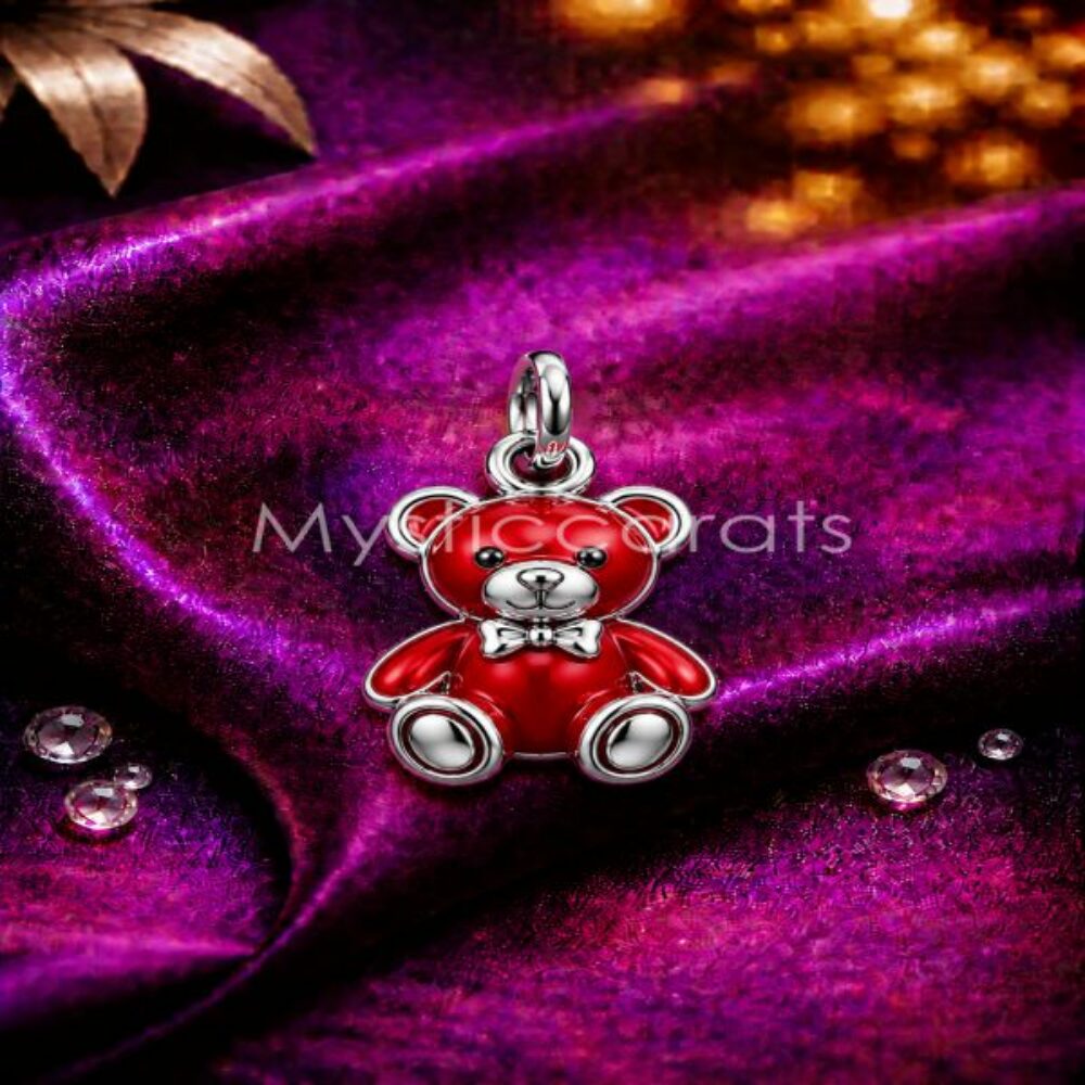 925 Sterling Silver Red Enamel Teddy Bear Pendant