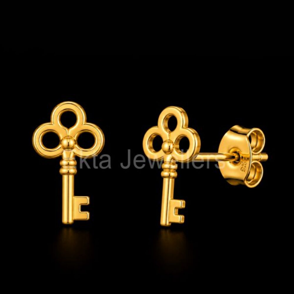 925 Sterling Silver Gold-Plated Vintage Key Stud Earrings