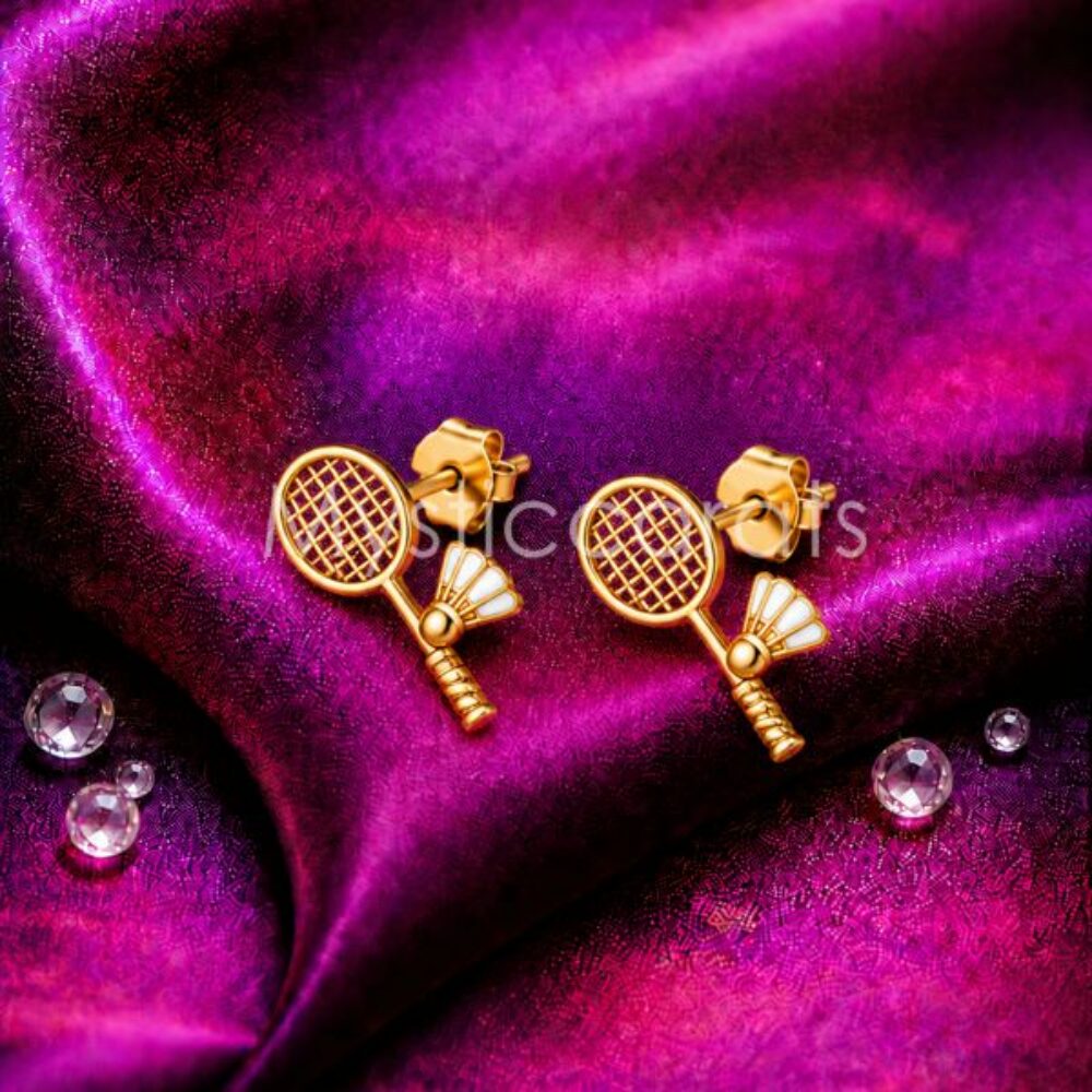 925 Sterling Silver Gold Plated Badminton Racket and Shuttlecock Stud Earrings