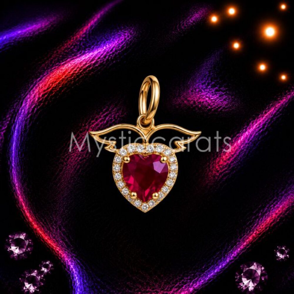 Ruby Heart Angel Wings Pendant, Gold Heart Necklace,