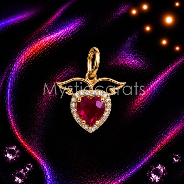 Ruby Heart Angel Wings Pendant, Gold Heart Necklace,