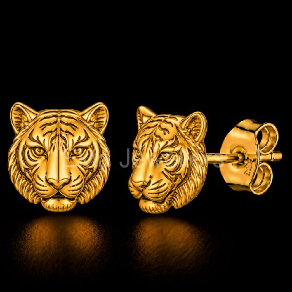 Tiger Face 925 Sterling Silver Stud Earrings