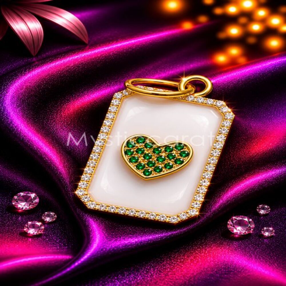 Emerald Heart Charm Pendant, White Enamel Tag Pendant,