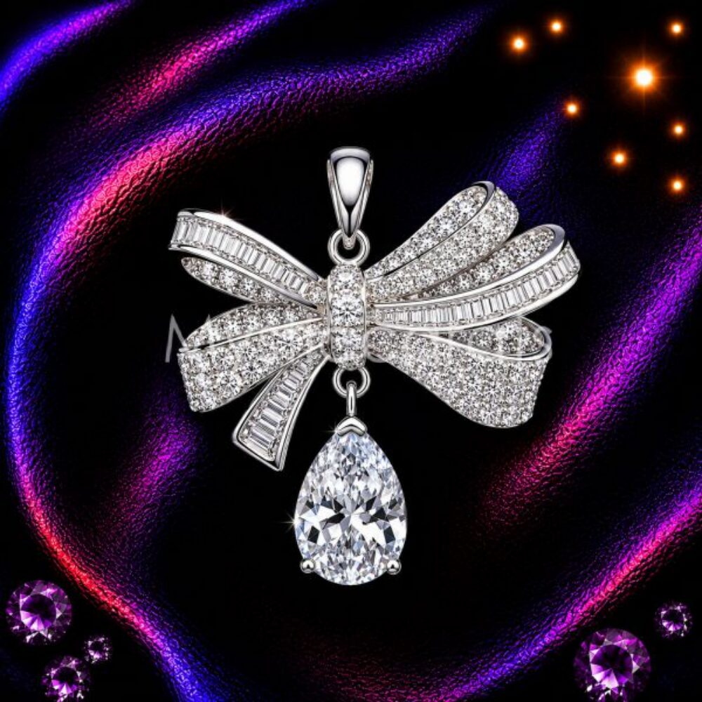 sterling silver Diamond Bow Pendant with Pear Drop