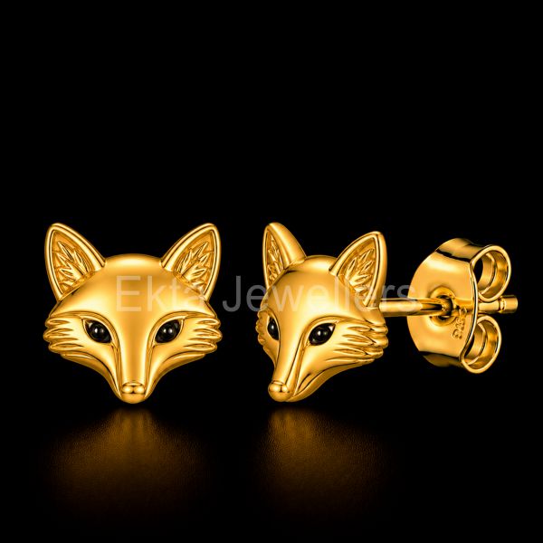 925 Sterling Silver Golden Fox Face Studs