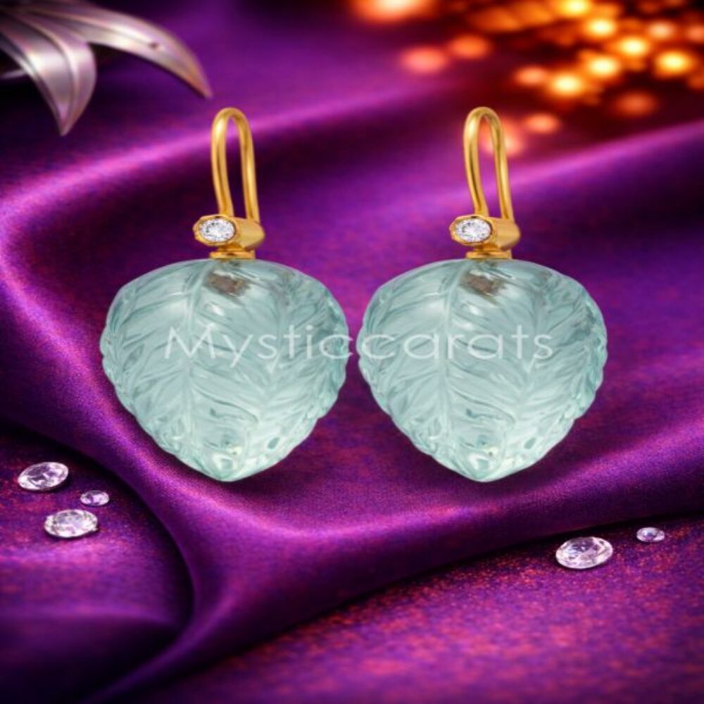 Carved Aquamarine Leaf Earrings in 925 Sterling Silver