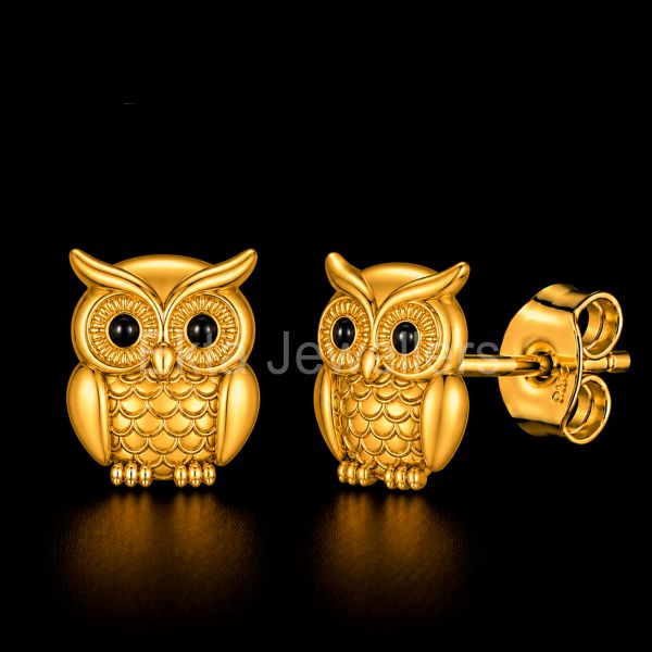 925 Sterling Silver Gold-Plated Wise Owl Stud Earrings