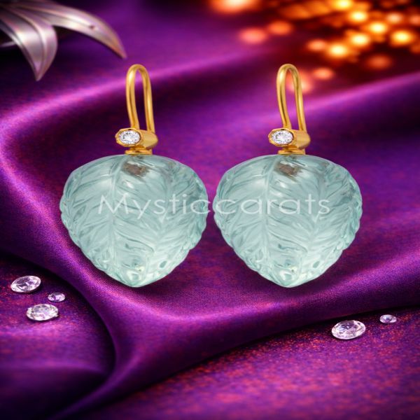 Carved Aquamarine Leaf Earrings in 925 Sterling Silver