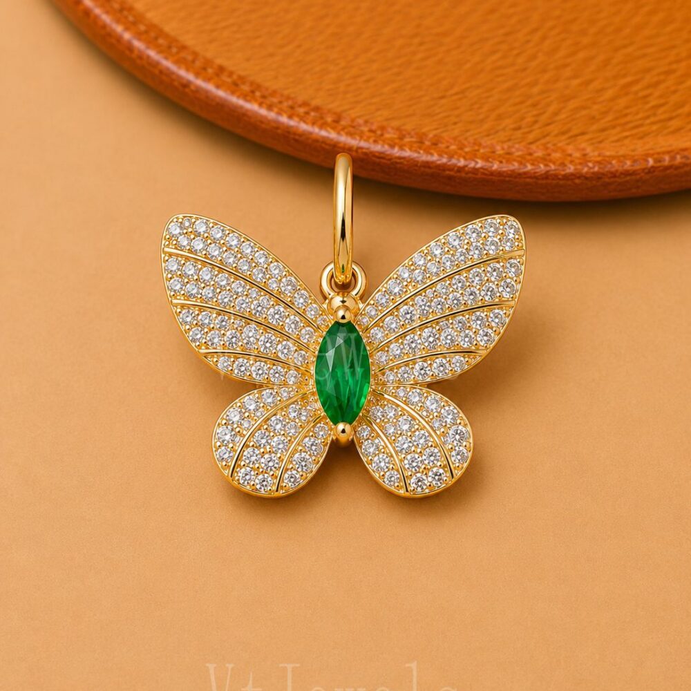 925 Sterling Silver Green Emerald Butterfly Pendant